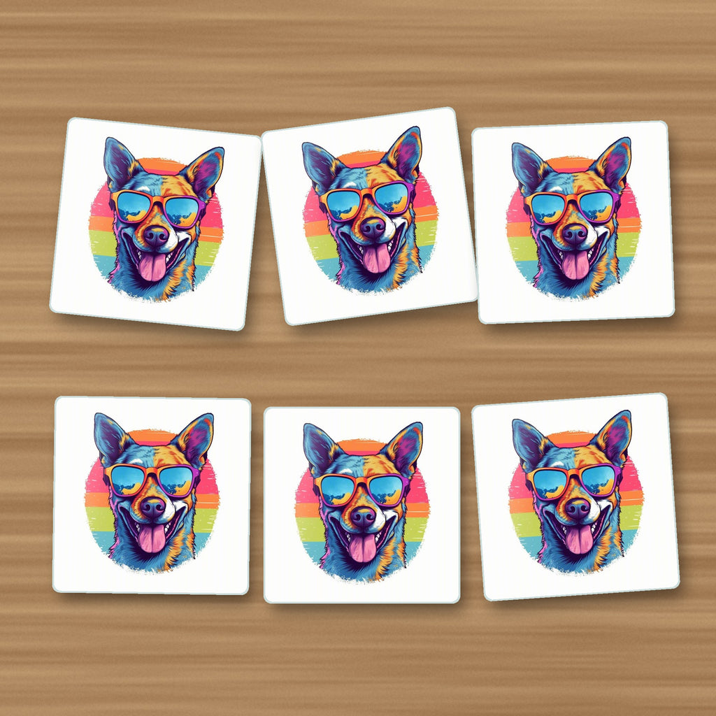 Cool Dog in Sunglasses square glass coasters, set of 6, on an oak coffee table