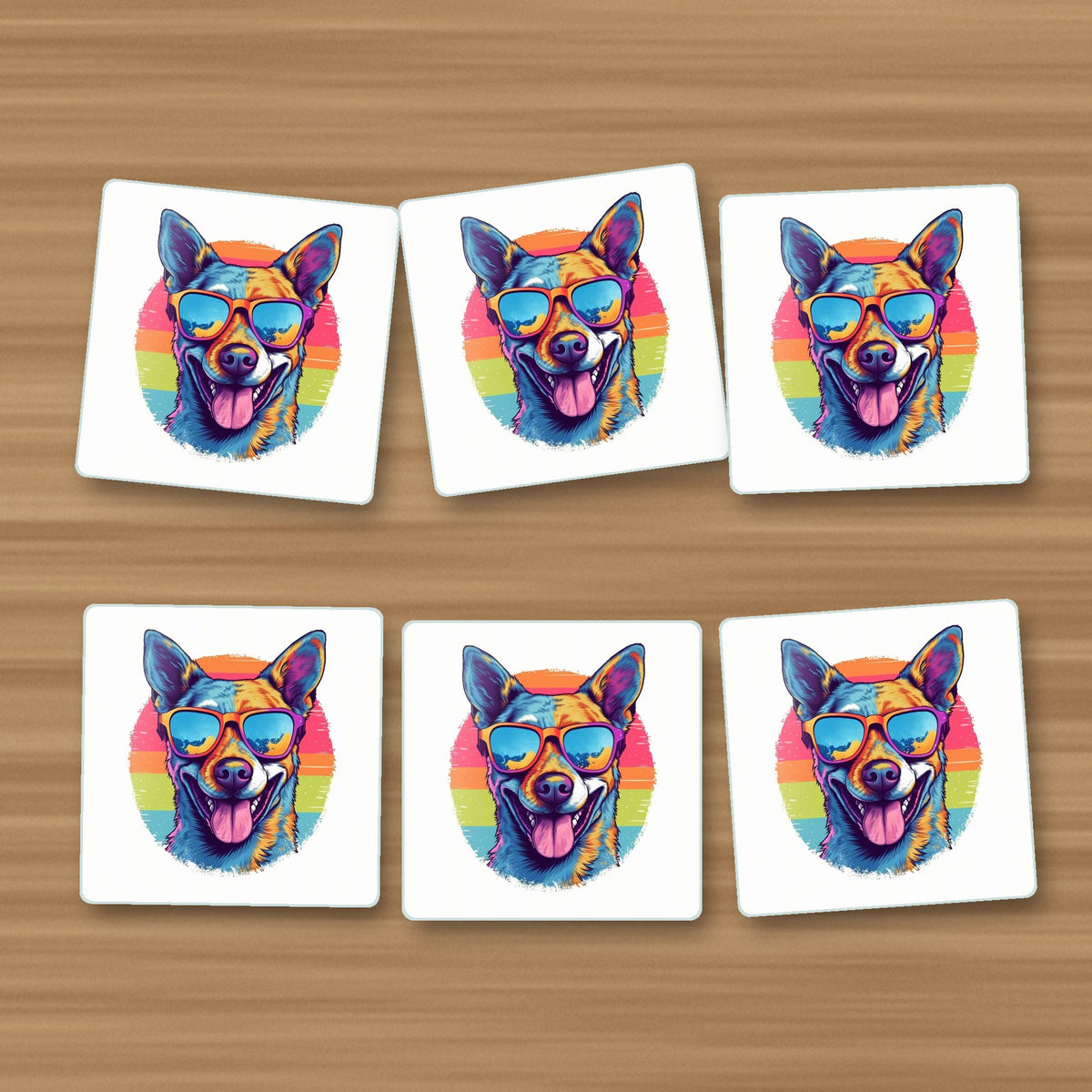 Cool Dog in Sunglasses square glass coasters, set of 6, on an oak coffee table