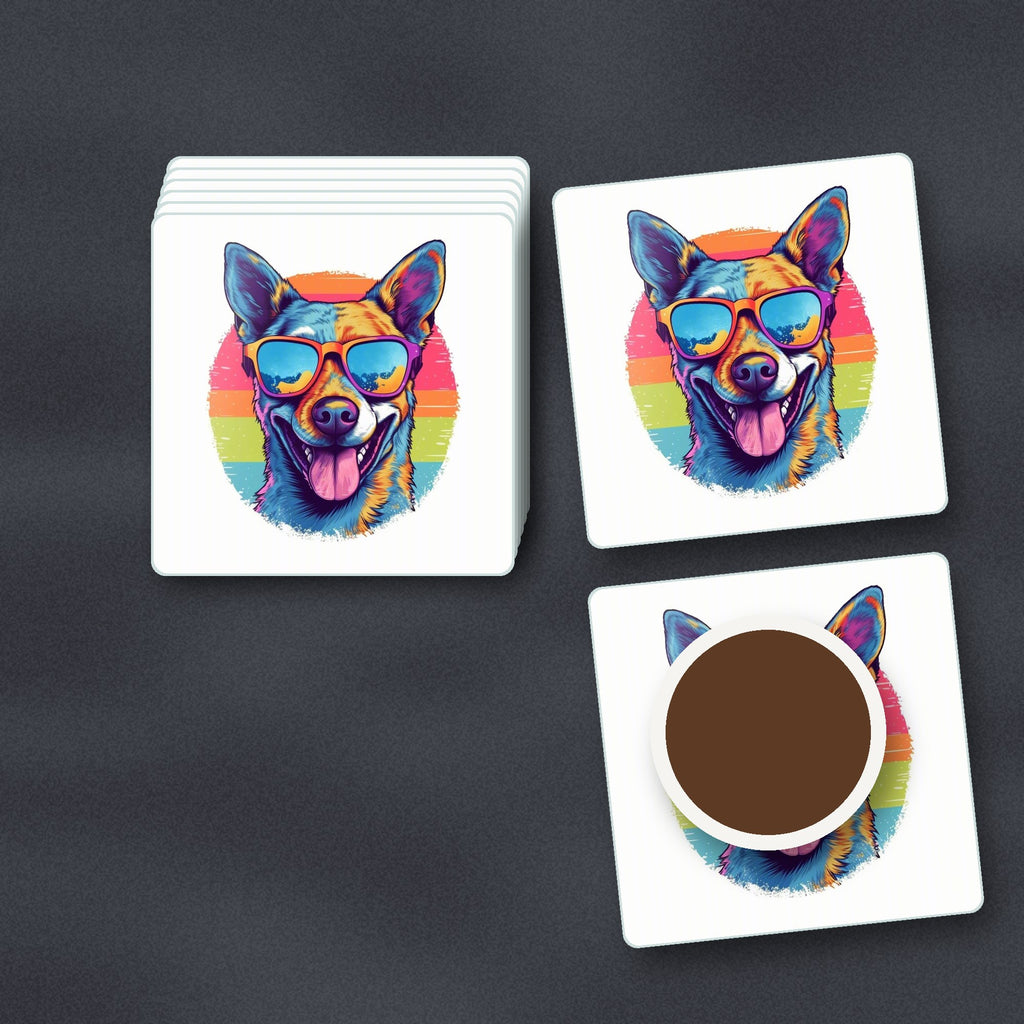 Cool Dog in Sunglasses square glass coasters stacked on a slate kitchen worktop