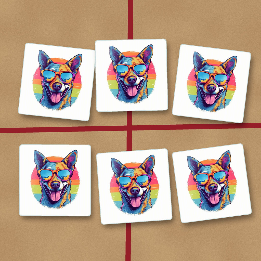 Cool Dog in Sunglasses square glass coasters on kraft gift wrap