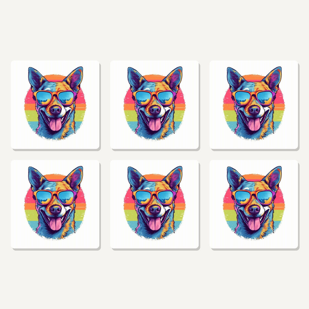 Flat lay of the cool dog in sunglasses artwork on six square coasters