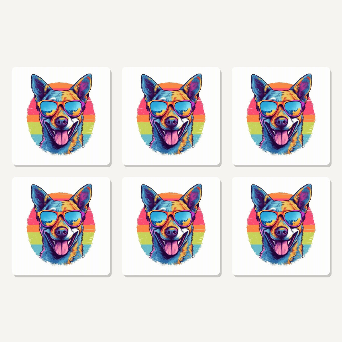 Flat lay of the cool dog in sunglasses artwork on six square coasters