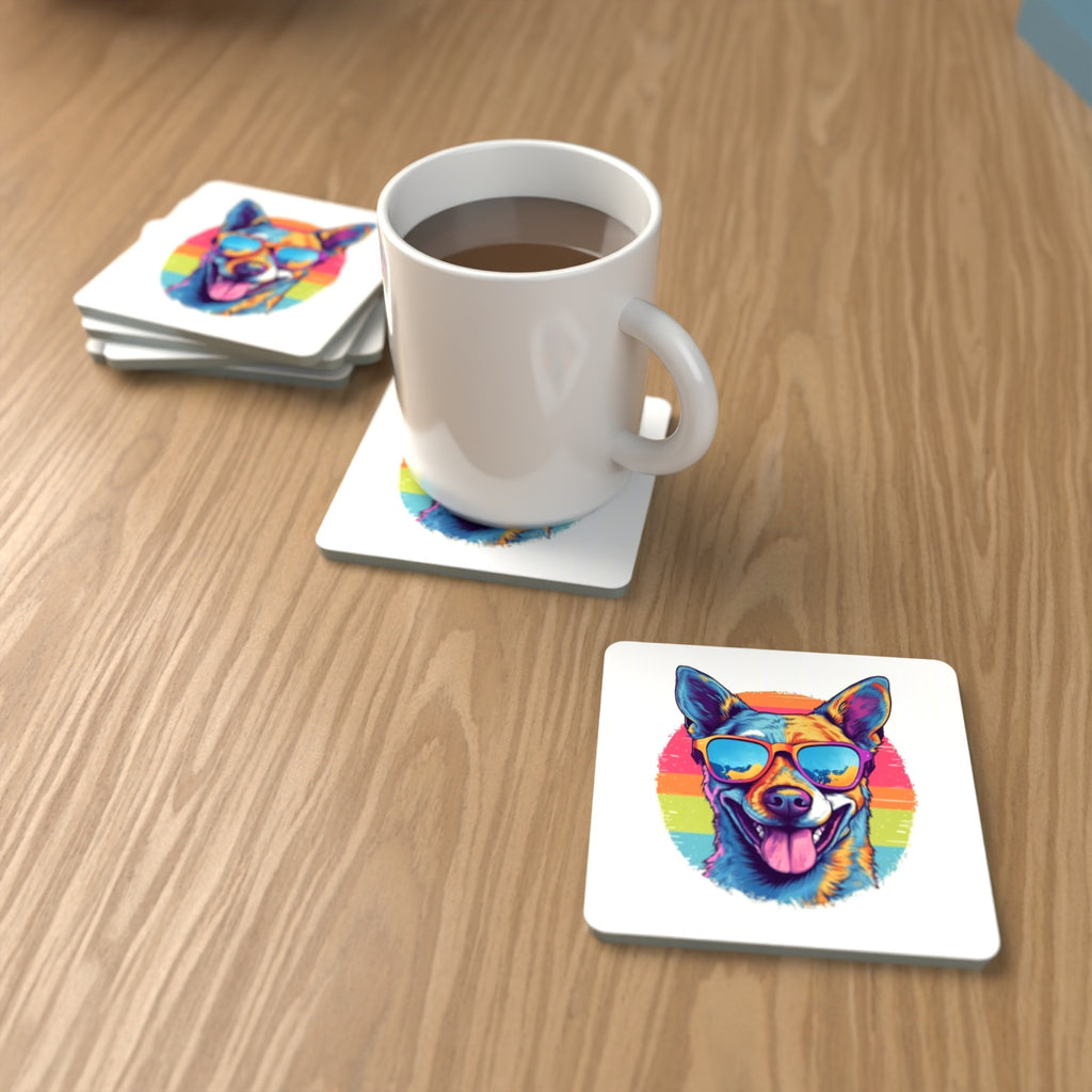 Cool Dog in Sunglasses Square Glass Coasters – Set of 6 – lifestyle mockup with a mug of coffee