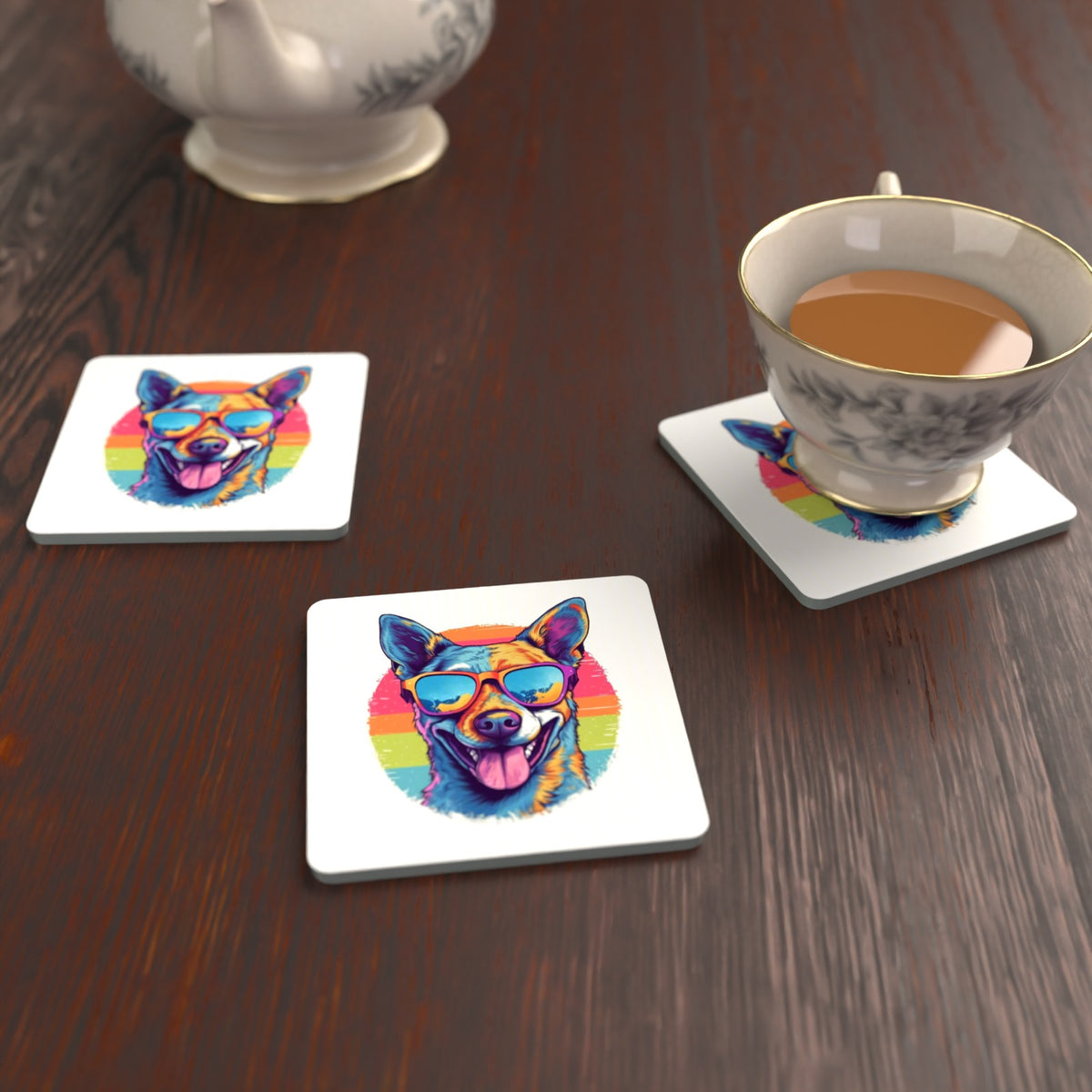 Cool Dog in Sunglasses Square Glass Coasters – Set of 6 – lifestyle mockup with a teacup