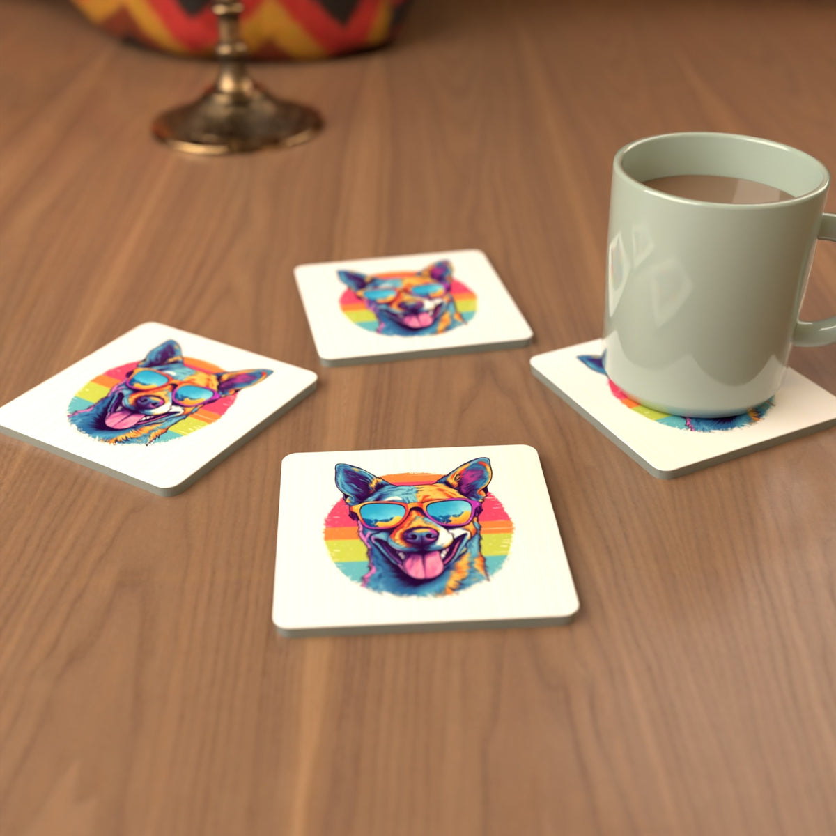 Cool Dog in Sunglasses Square Glass Coasters – Set of 6 – cosy lifestyle mockup