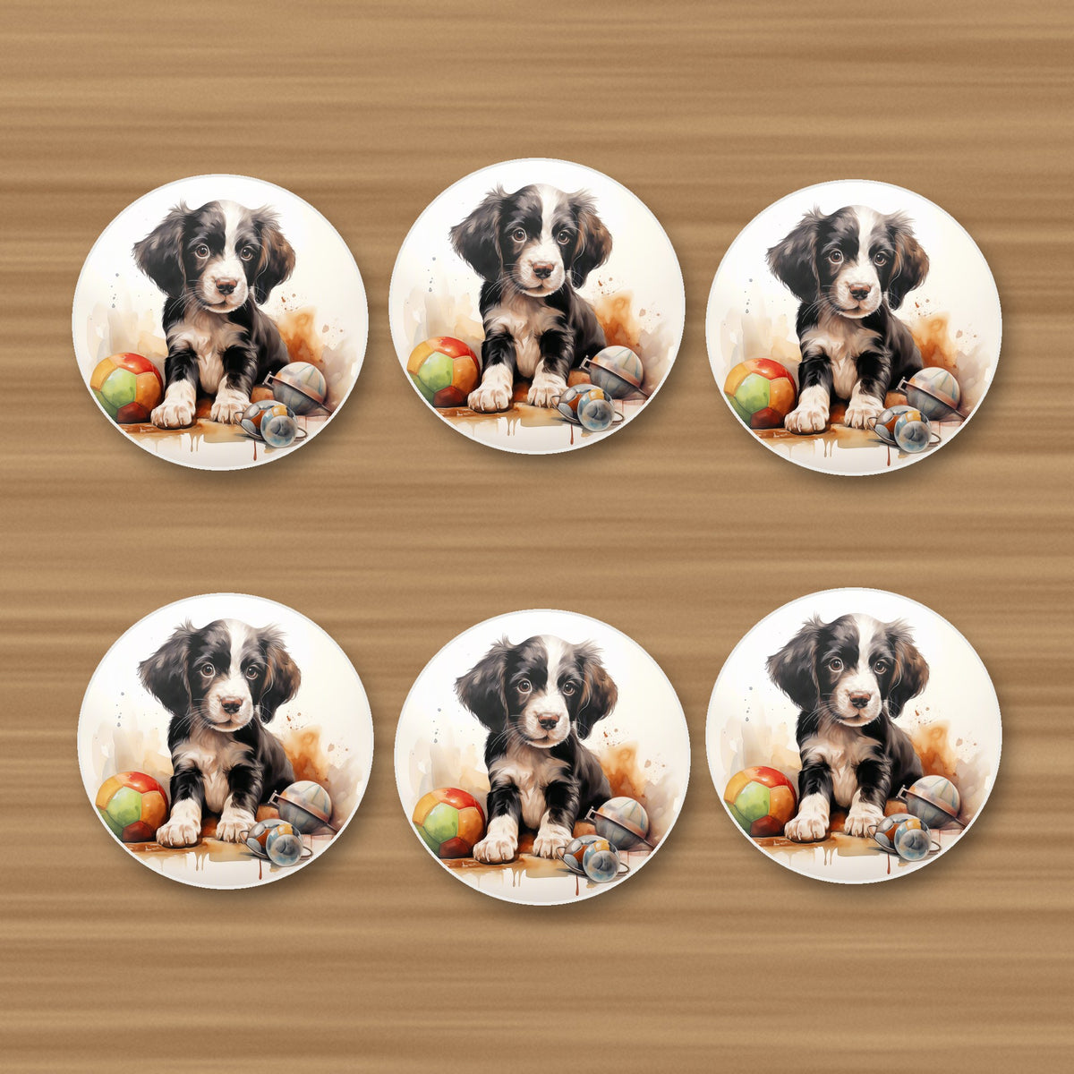 Springer Spaniel Puppy with Toys round ceramic coasters, set of 6, on an oak coffee table