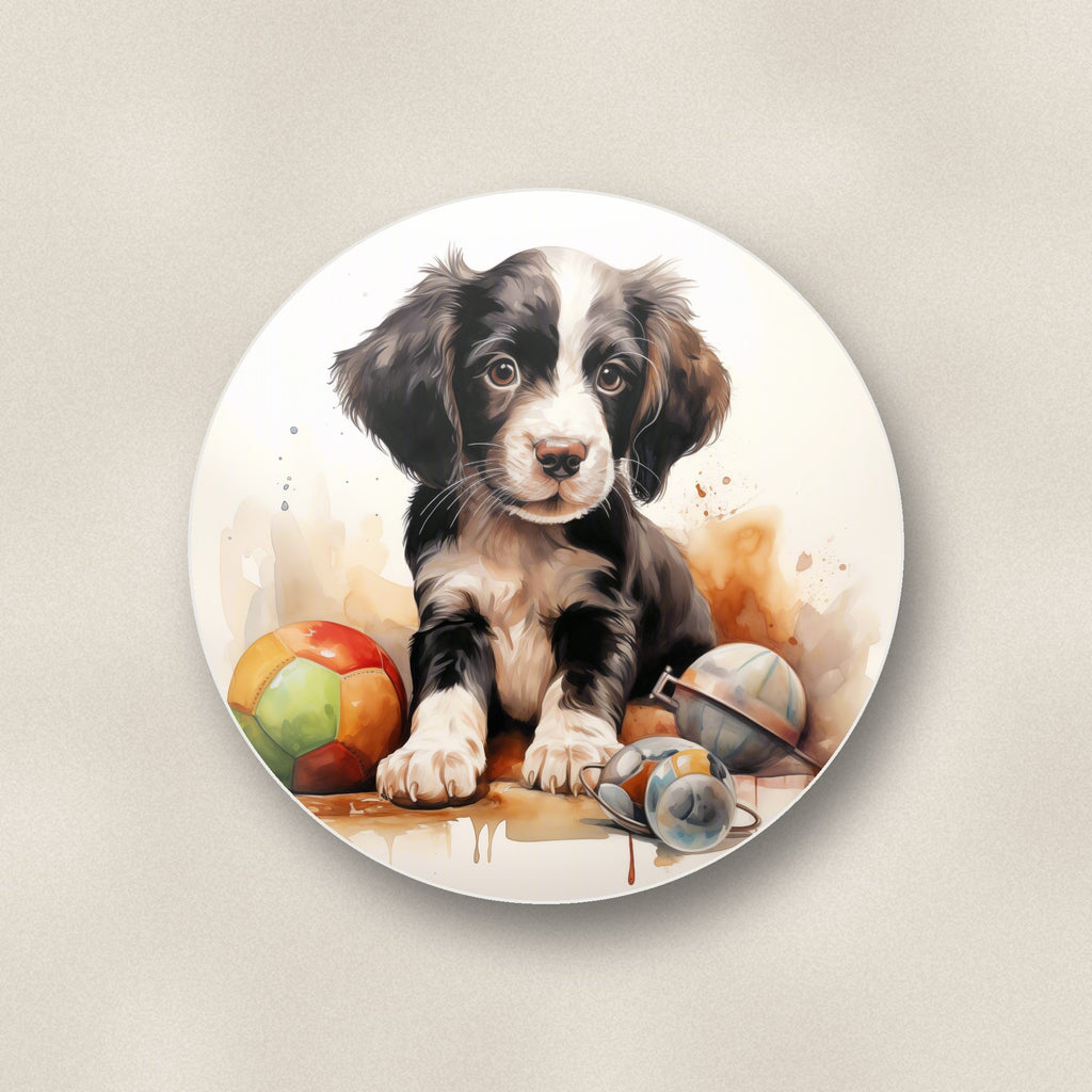 Close-up of one springer spaniel puppy with toys round ceramic coaster, flat UV print