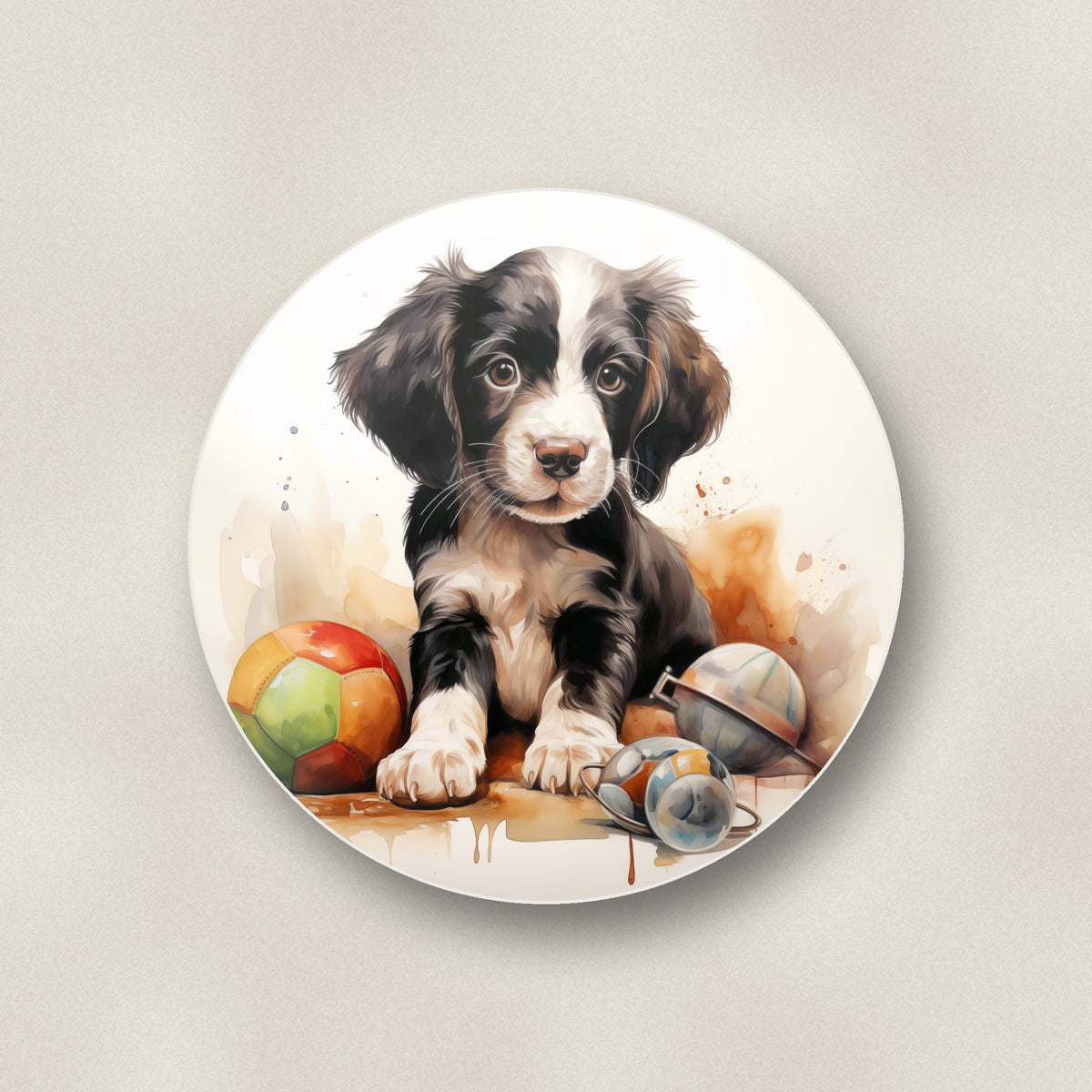 Close-up of one springer spaniel puppy with toys round ceramic coaster, flat UV print