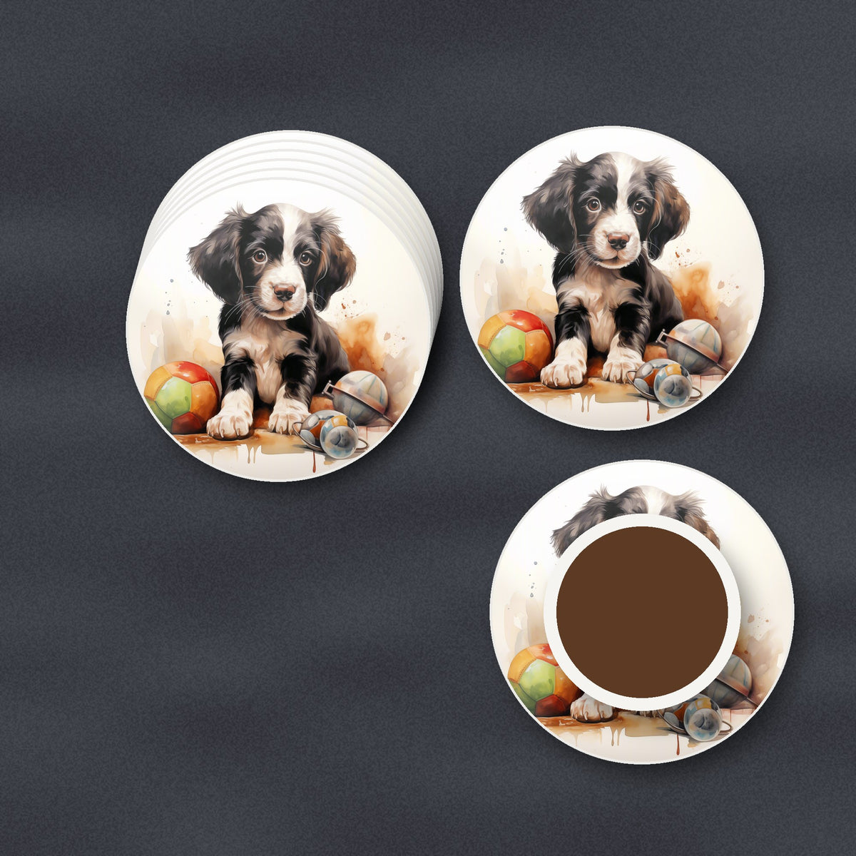 Springer Spaniel Puppy with Toys round ceramic coasters stacked on a slate kitchen worktop