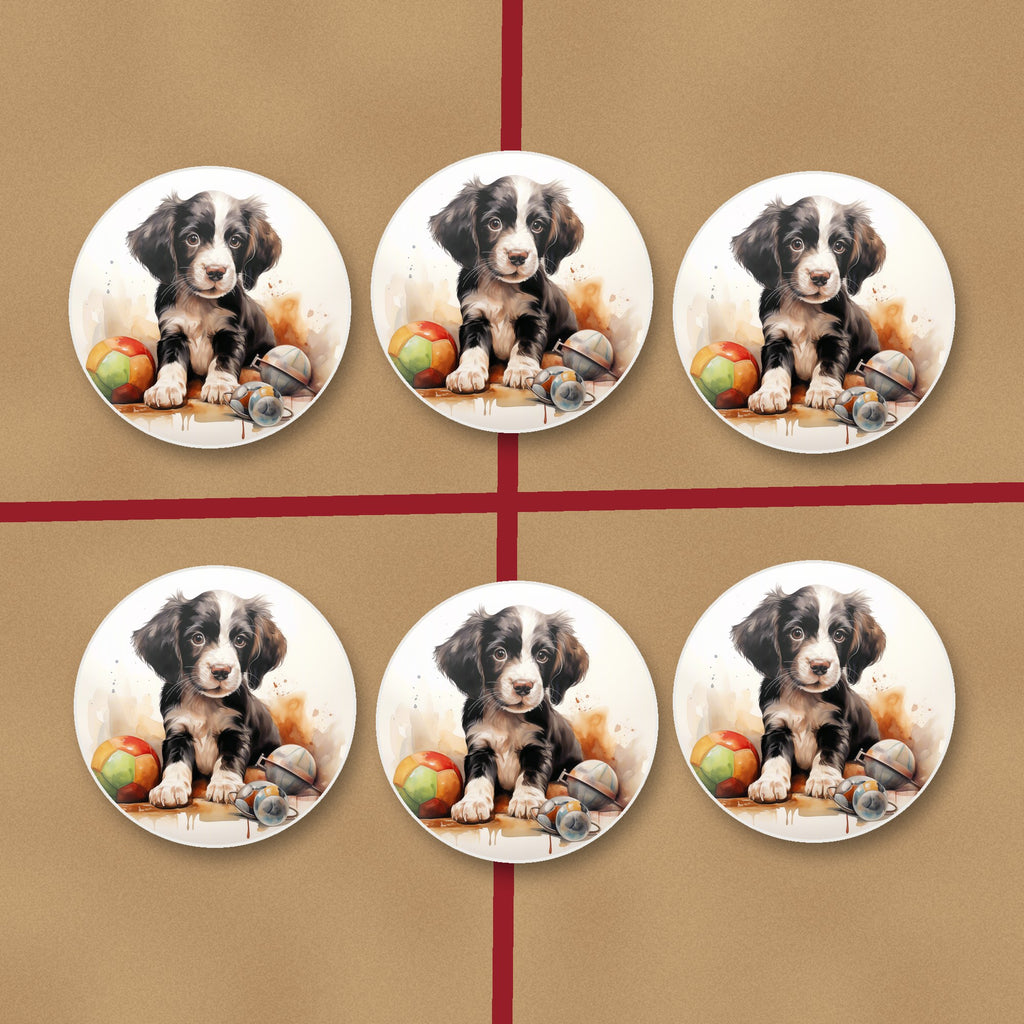 Springer Spaniel Puppy with Toys round ceramic coasters on kraft gift wrap