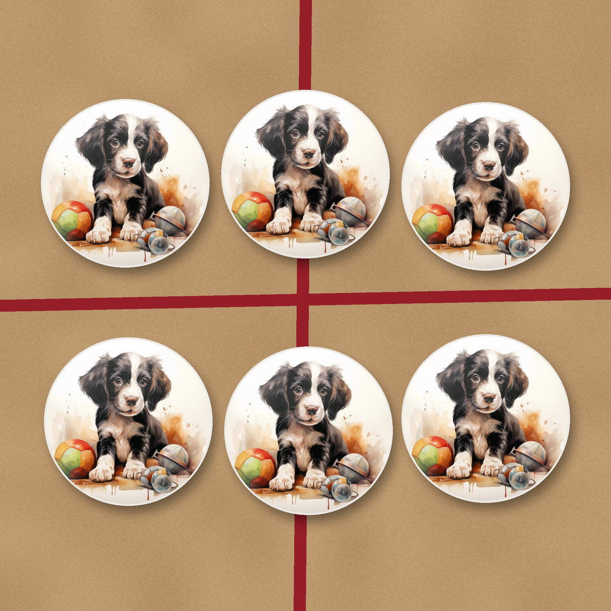 Springer Spaniel Puppy with Toys round ceramic coasters on kraft gift wrap
