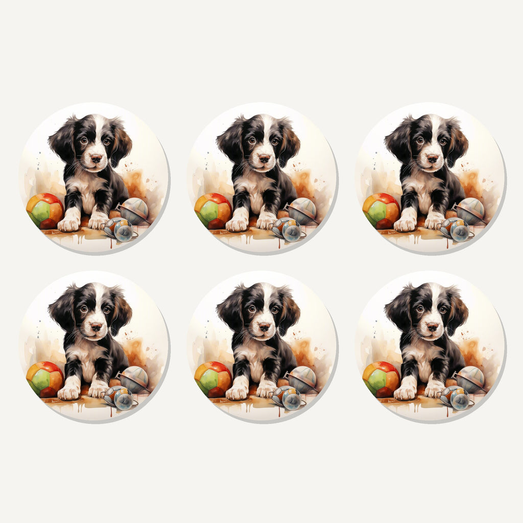 Flat lay of the springer spaniel puppy with toys artwork on six round coasters