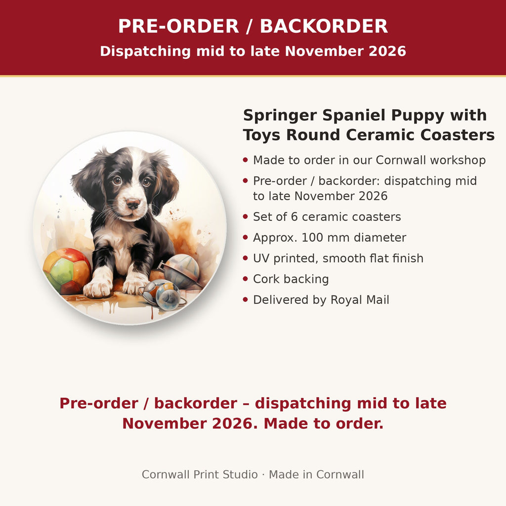 Info card: Springer Spaniel Puppy with Toys Round Ceramic Coasters – Set of 6, made to order, dispatching mid to late November 2026, delivered by Royal Mail