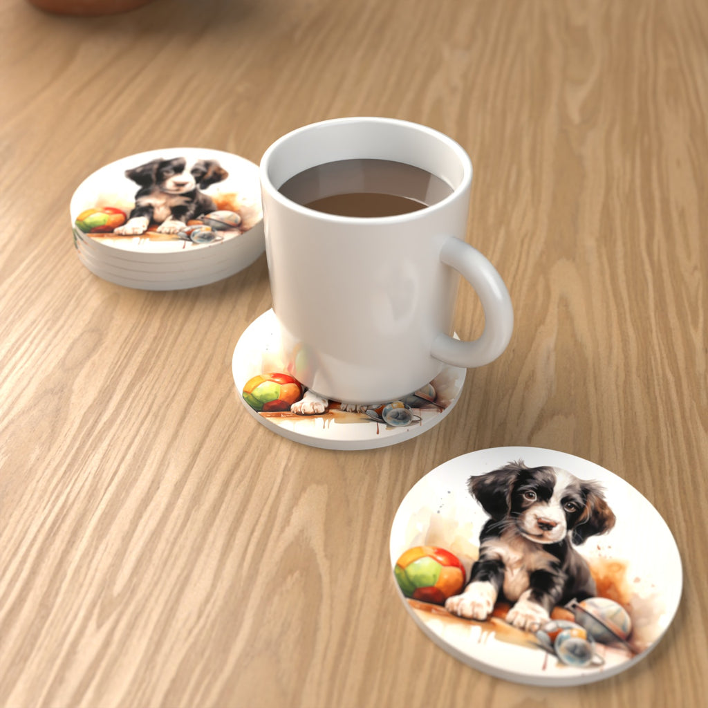 Springer Spaniel Puppy with Toys Round Ceramic Coasters – Set of 6 – lifestyle mockup with a mug of coffee