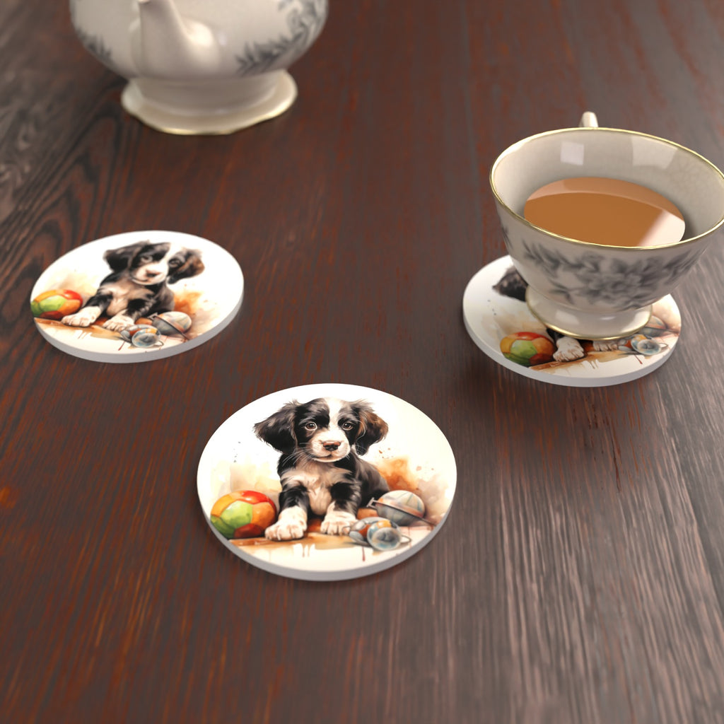 Springer Spaniel Puppy with Toys Round Ceramic Coasters – Set of 6 – lifestyle mockup with a teacup