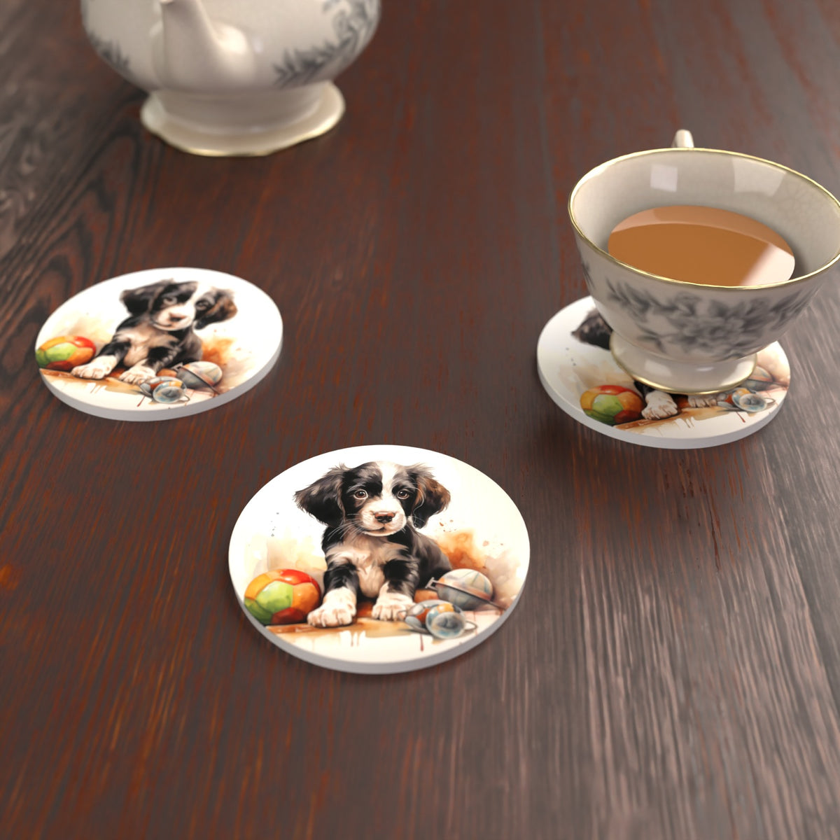 Springer Spaniel Puppy with Toys Round Ceramic Coasters – Set of 6 – lifestyle mockup with a teacup