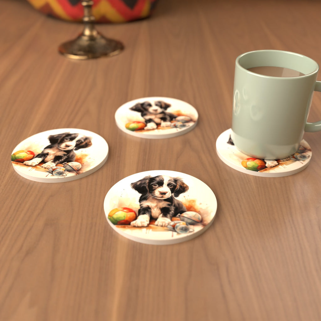 Springer Spaniel Puppy with Toys Round Ceramic Coasters – Set of 6 – cosy lifestyle mockup