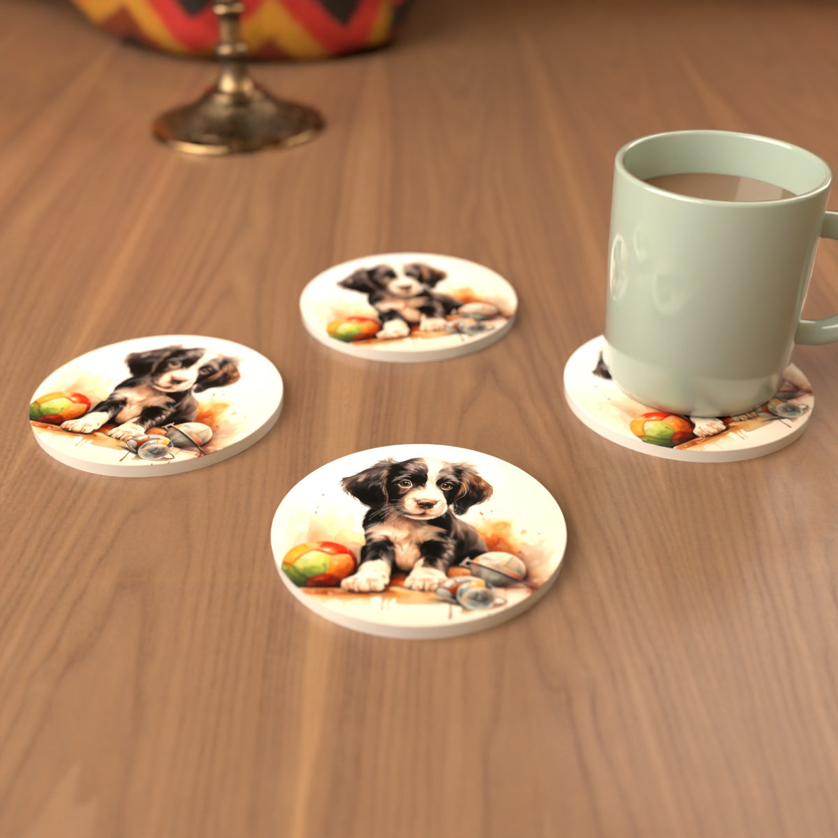 Springer Spaniel Puppy with Toys Round Ceramic Coasters – Set of 6 – cosy lifestyle mockup