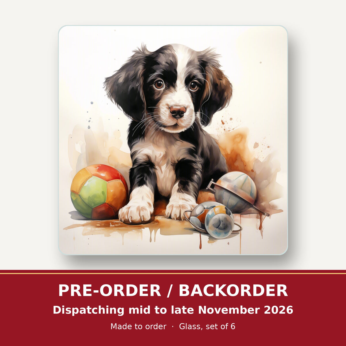 Springer Spaniel Puppy with Toys square glass coaster set of 6 – pre-order / backorder, dispatching mid to late November 2026