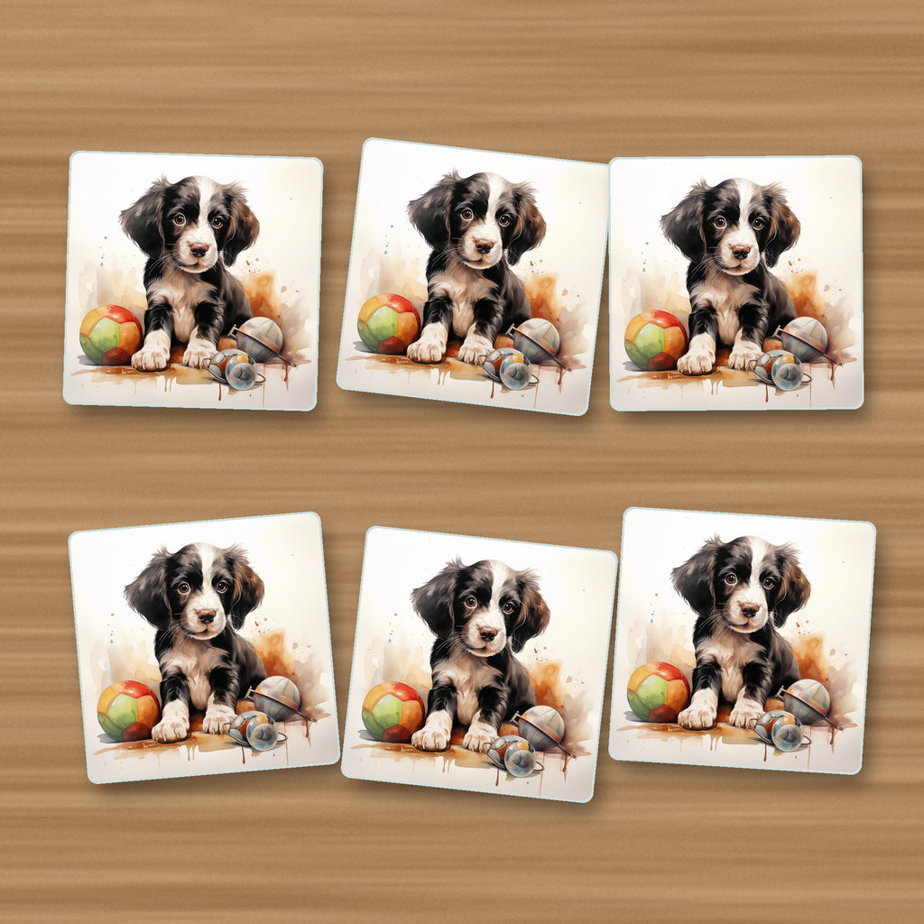 Springer Spaniel Puppy with Toys square glass coasters, set of 6, on an oak coffee table