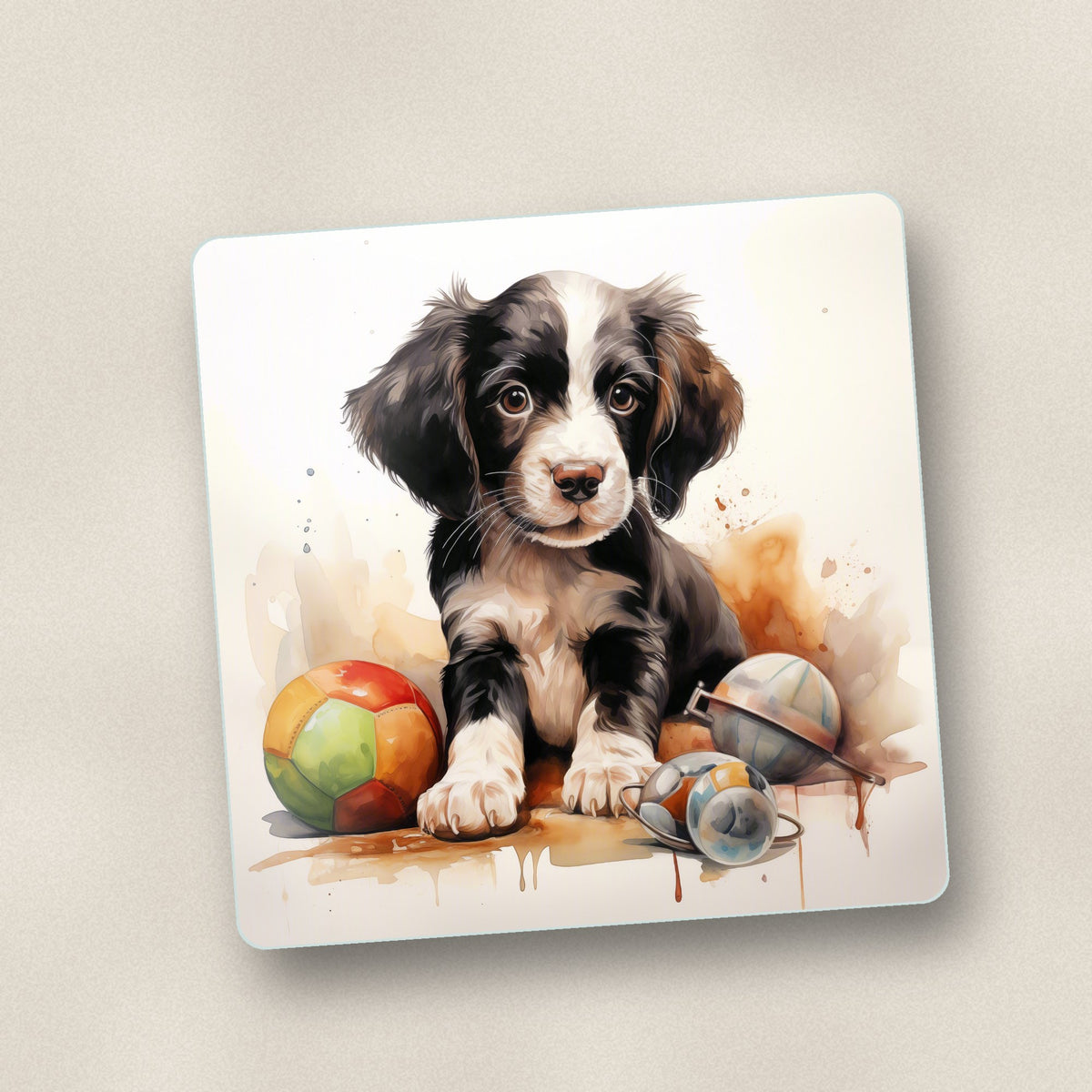 Close-up of one springer spaniel puppy with toys square glass coaster, flat UV print