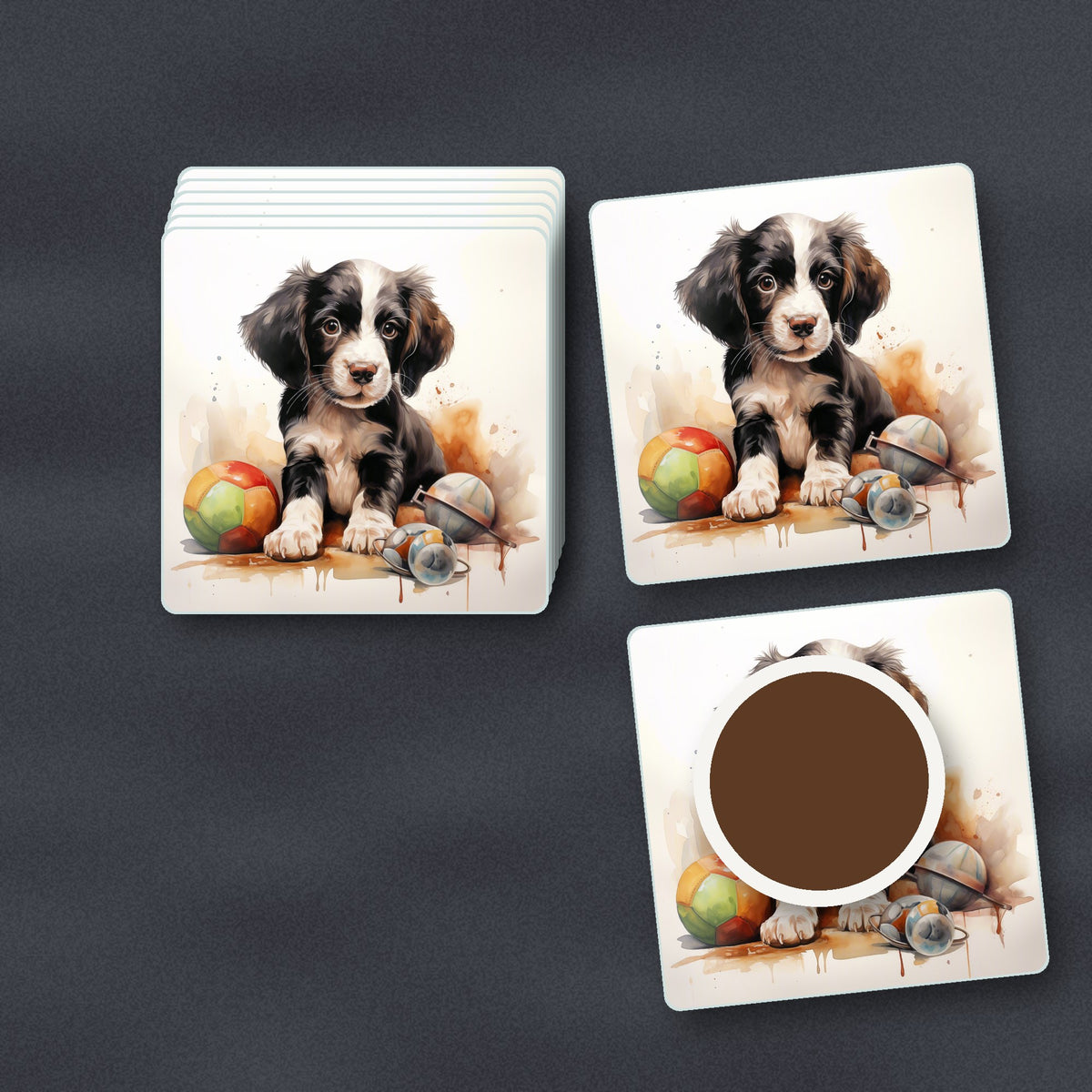 Springer Spaniel Puppy with Toys square glass coasters stacked on a slate kitchen worktop