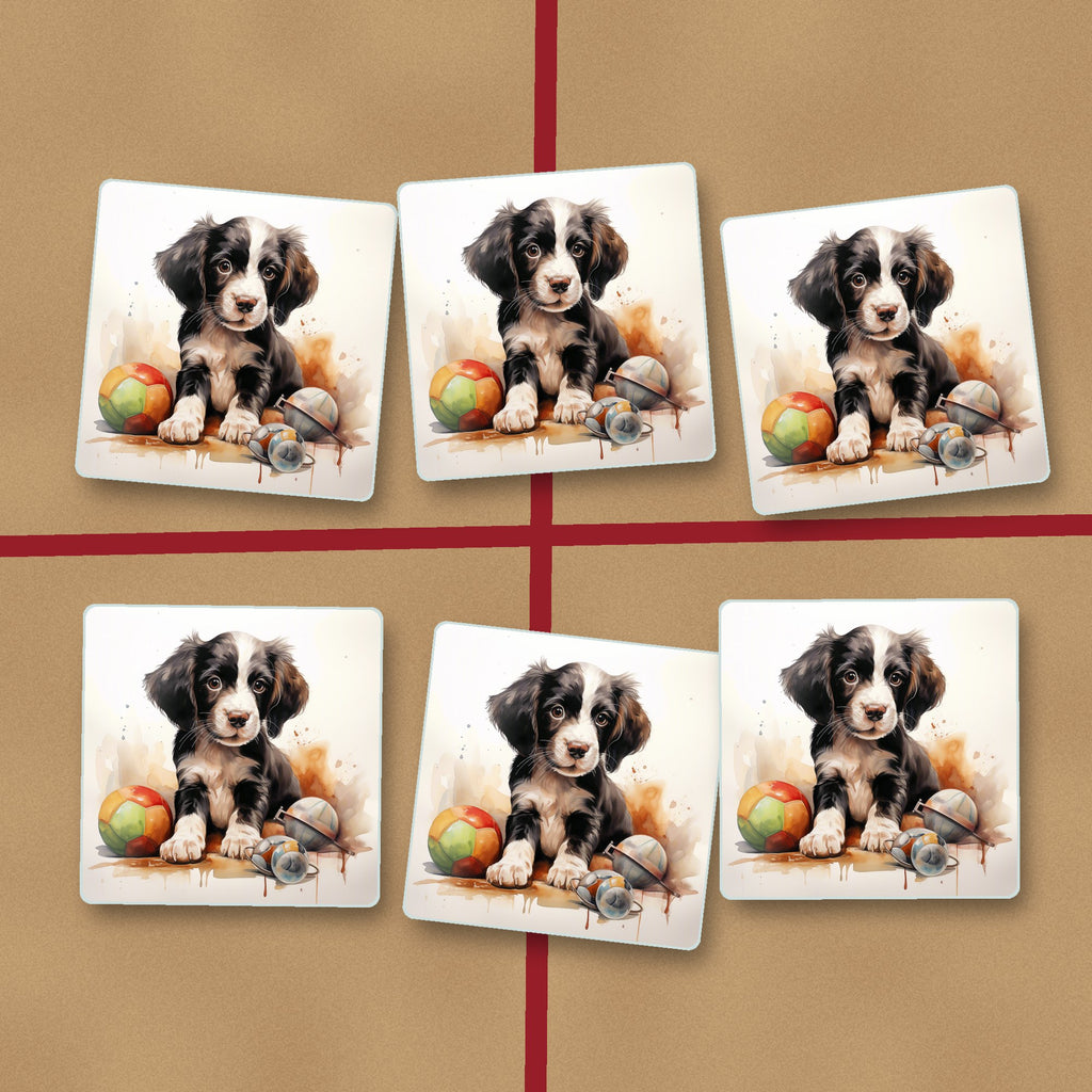 Springer Spaniel Puppy with Toys square glass coasters on kraft gift wrap