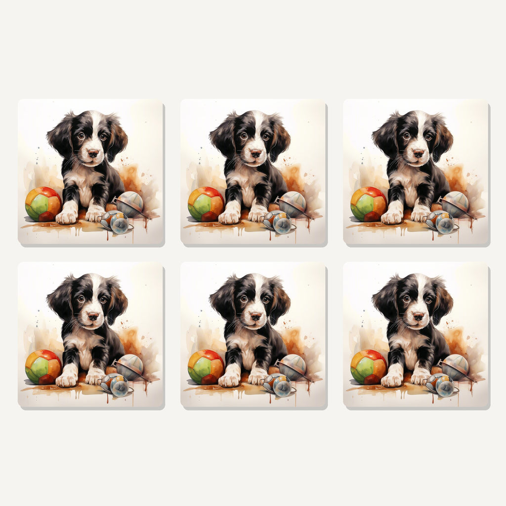 Flat lay of the springer spaniel puppy with toys artwork on six square coasters