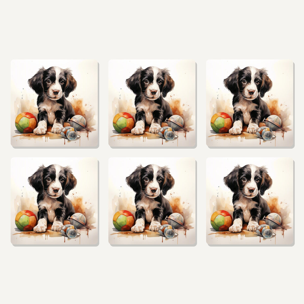 Flat lay of the springer spaniel puppy with toys artwork on six square coasters