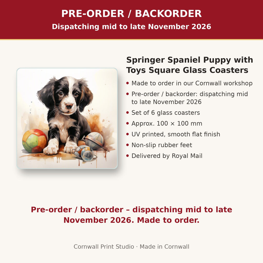 Info card: Springer Spaniel Puppy with Toys Square Glass Coasters – Set of 6, made to order, dispatching mid to late November 2026, delivered by Royal Mail