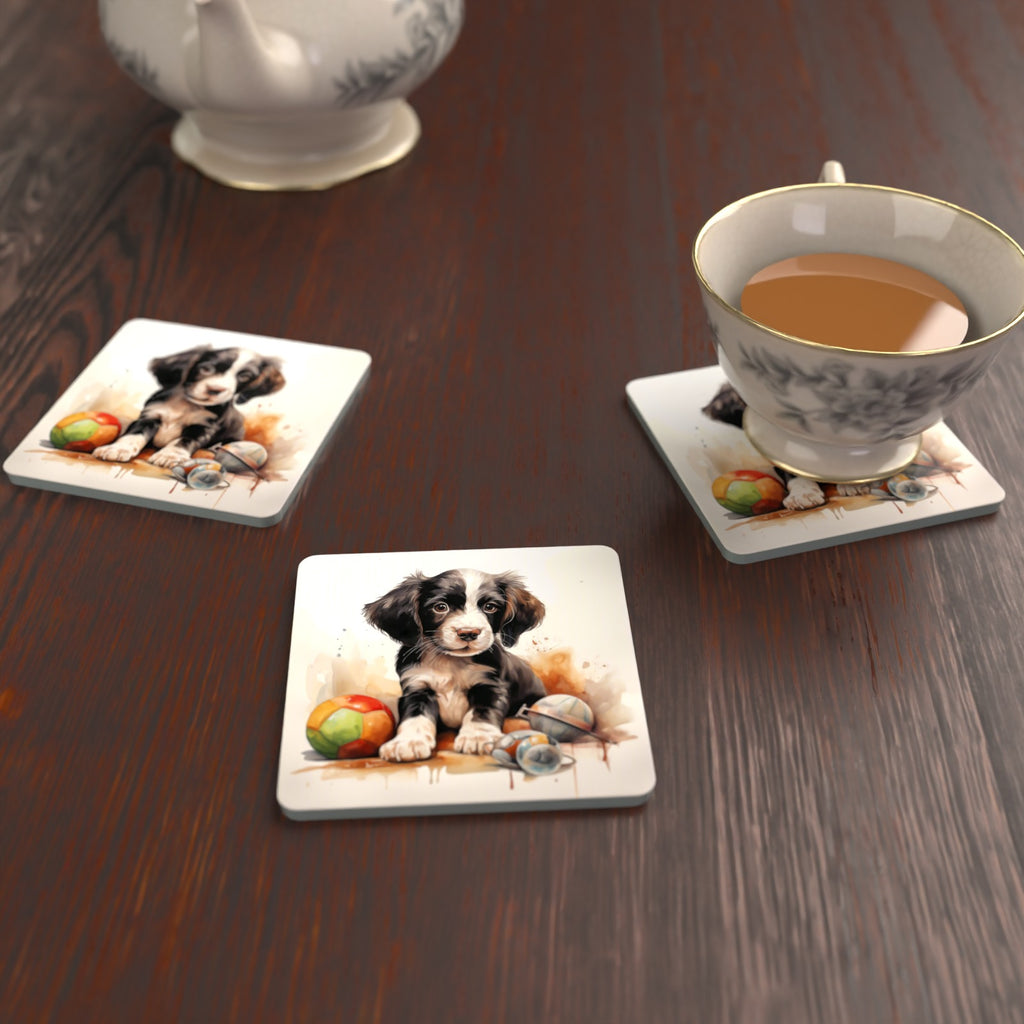 Springer Spaniel Puppy with Toys Square Glass Coasters – Set of 6 – lifestyle mockup with a teacup