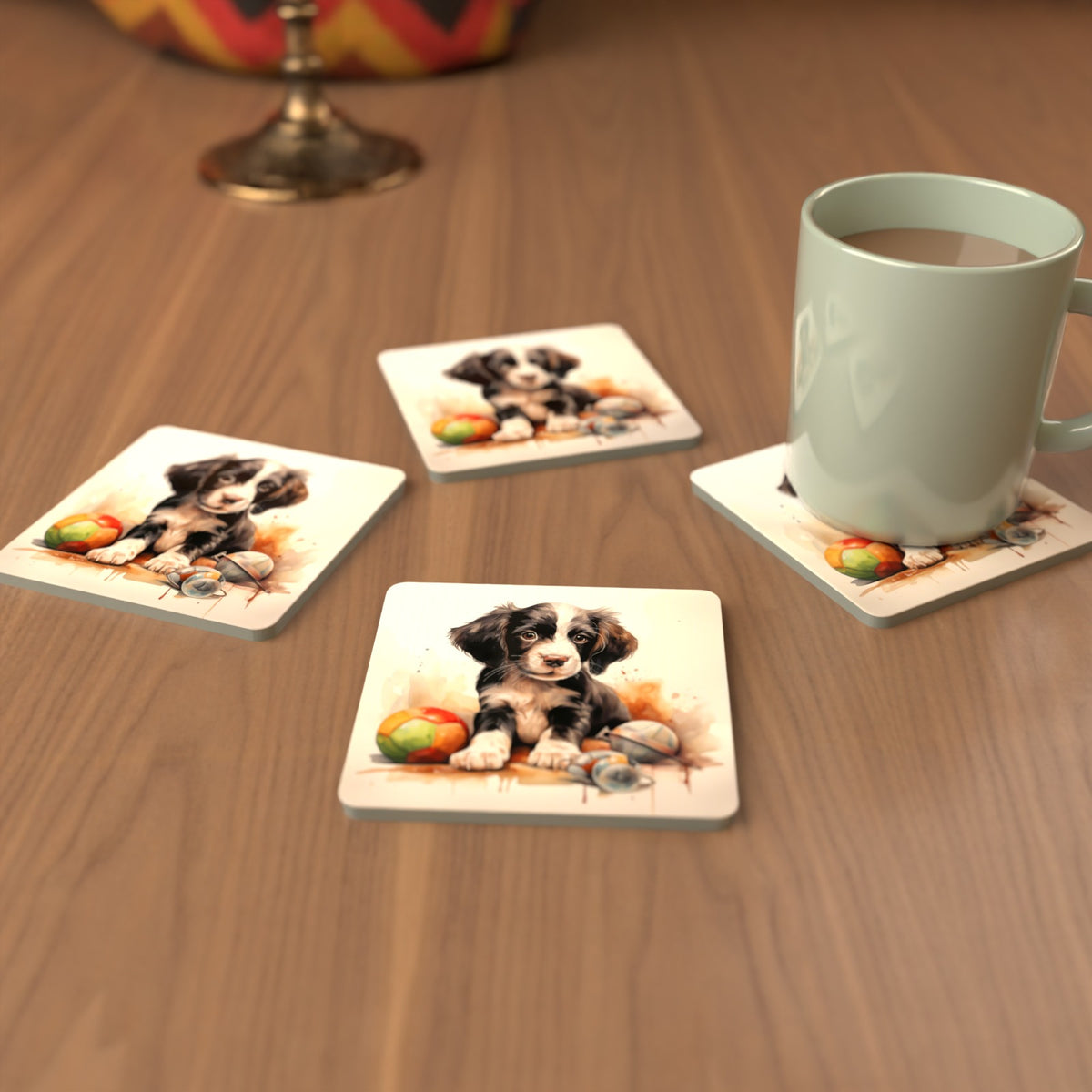 Springer Spaniel Puppy with Toys Square Glass Coasters – Set of 6 – cosy lifestyle mockup