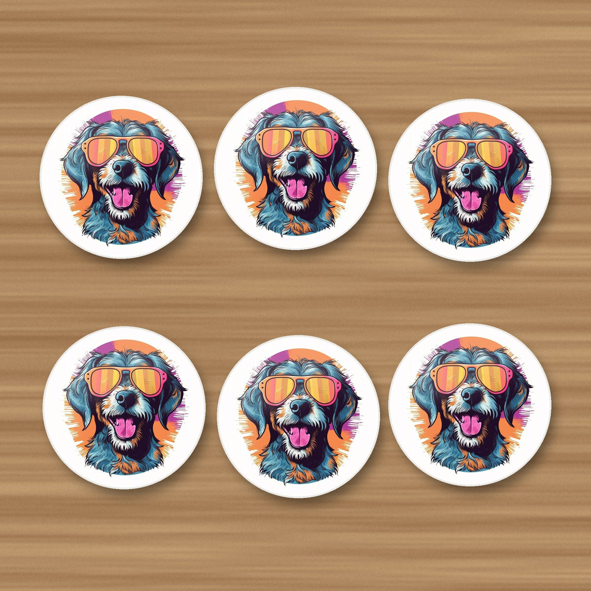 Shaggy Dog in Retro Sunglasses round ceramic coasters, set of 6, on an oak coffee table