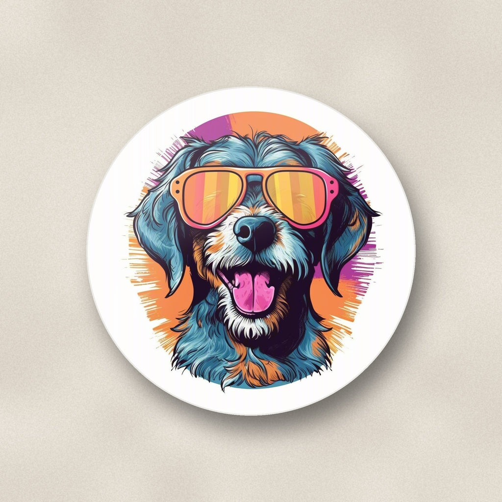 Close-up of one shaggy dog in retro sunglasses round ceramic coaster, flat UV print