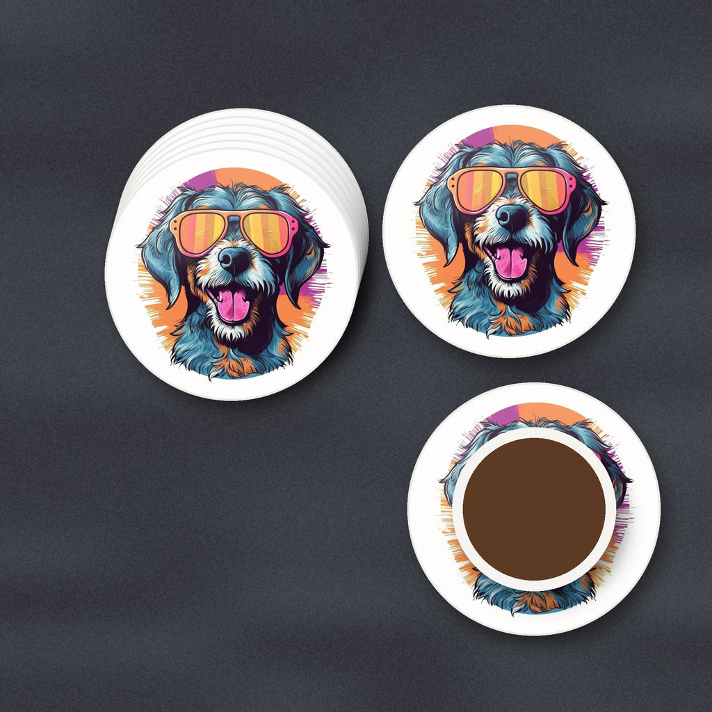 Shaggy Dog in Retro Sunglasses round ceramic coasters stacked on a slate kitchen worktop