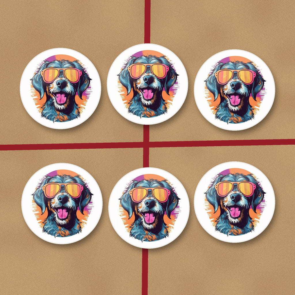Shaggy Dog in Retro Sunglasses round ceramic coasters on kraft gift wrap