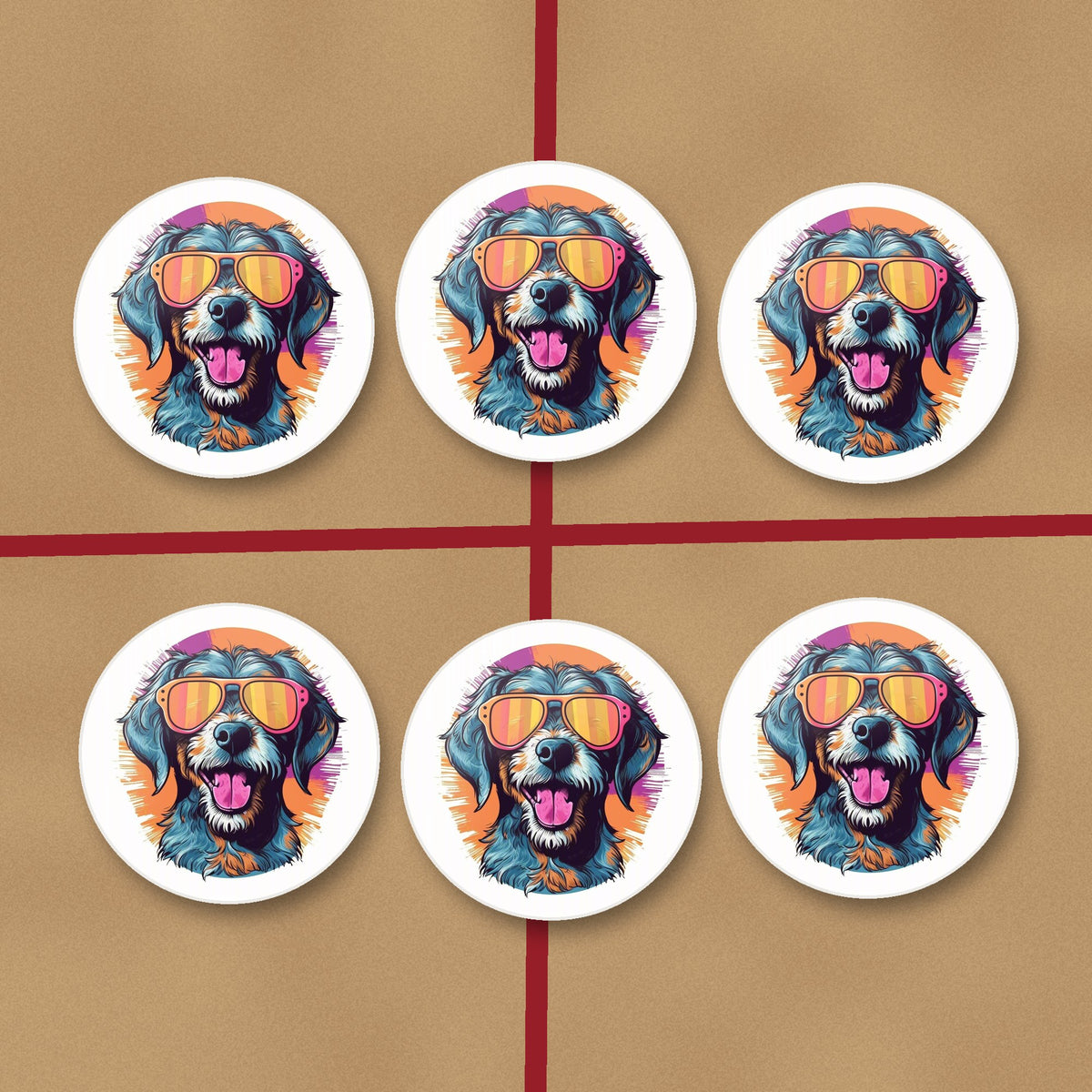 Shaggy Dog in Retro Sunglasses round ceramic coasters on kraft gift wrap