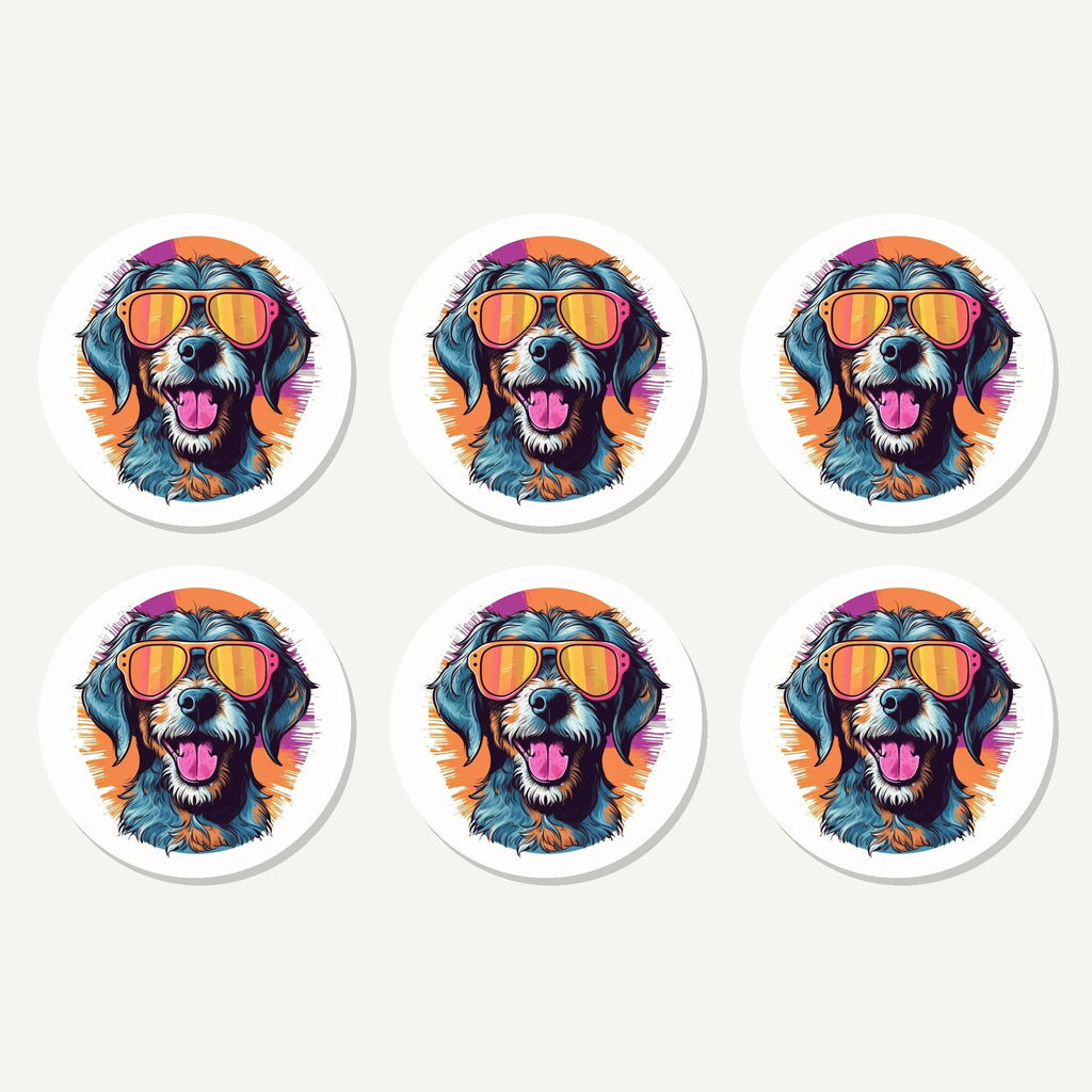 Flat lay of the shaggy dog in retro sunglasses artwork on six round coasters