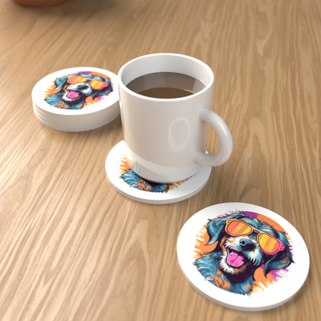 Shaggy Dog in Retro Sunglasses Round Ceramic Coasters – Set of 6 – lifestyle mockup with a mug of coffee