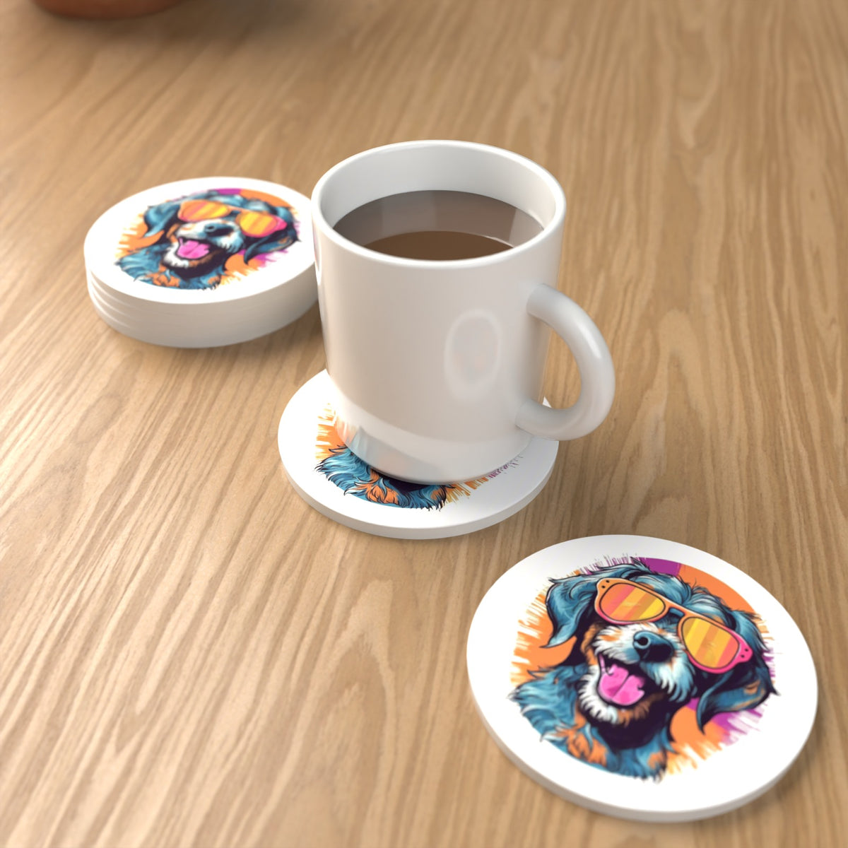 Shaggy Dog in Retro Sunglasses Round Ceramic Coasters – Set of 6 – lifestyle mockup with a mug of coffee