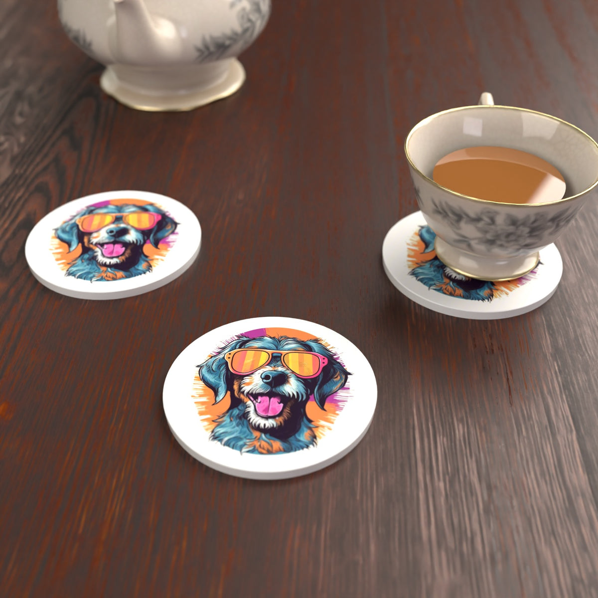 Shaggy Dog in Retro Sunglasses Round Ceramic Coasters – Set of 6 – lifestyle mockup with a teacup