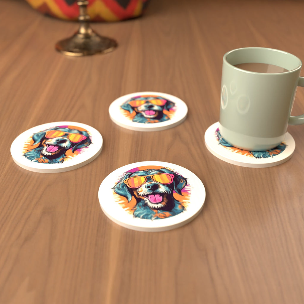 Shaggy Dog in Retro Sunglasses Round Ceramic Coasters – Set of 6 – cosy lifestyle mockup