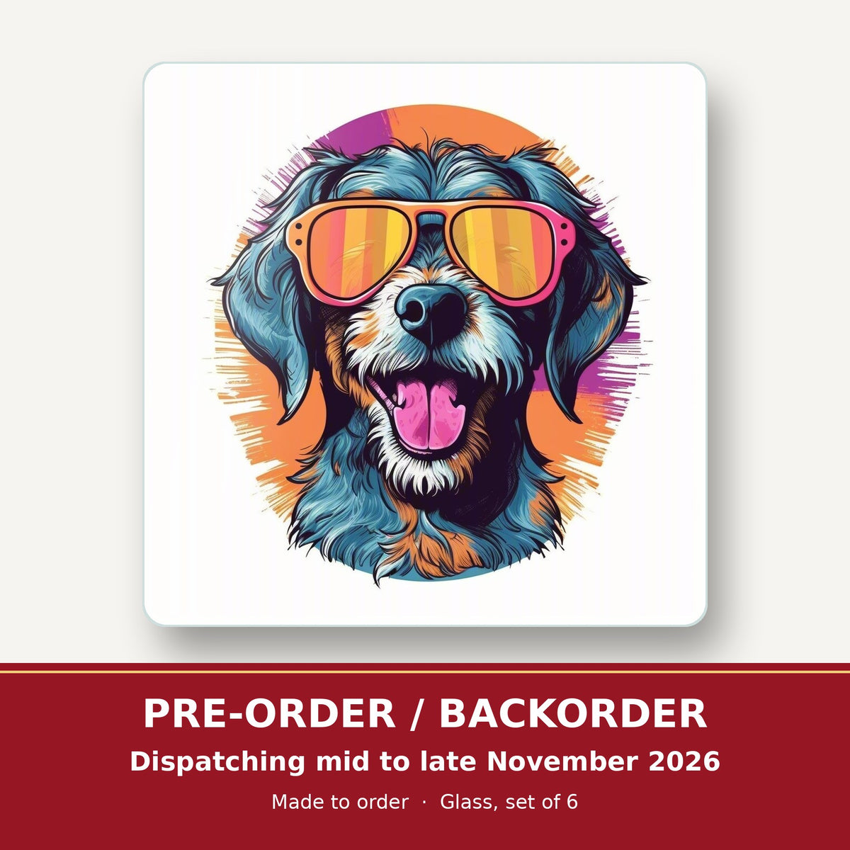 Shaggy Dog in Retro Sunglasses square glass coaster set of 6 – pre-order / backorder, dispatching mid to late November 2026