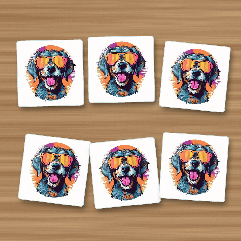 Shaggy Dog in Retro Sunglasses square glass coasters, set of 6, on an oak coffee table
