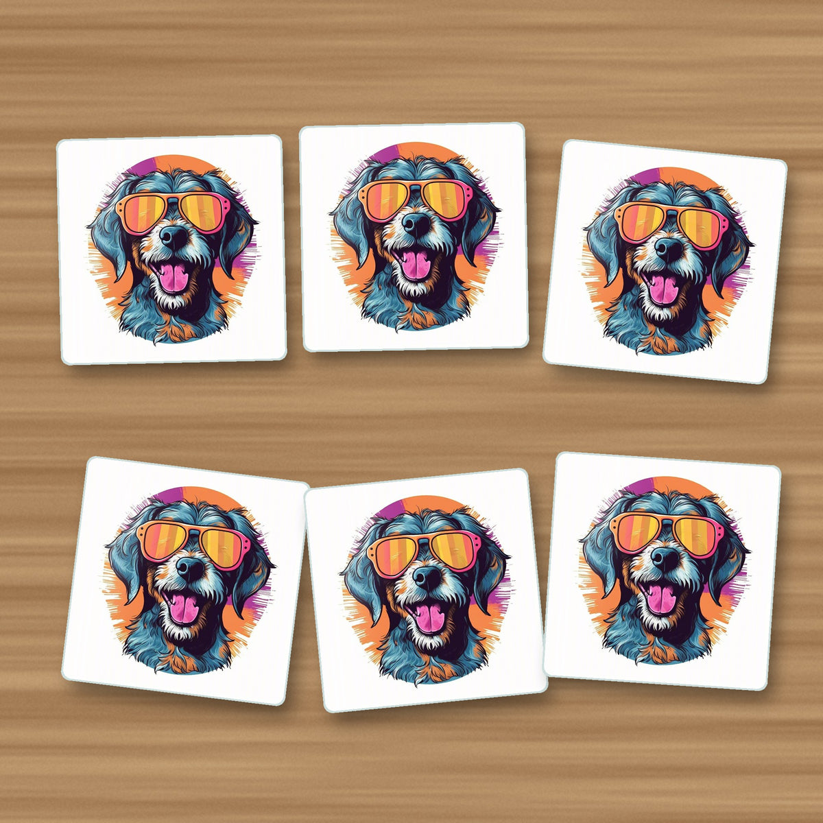 Shaggy Dog in Retro Sunglasses square glass coasters, set of 6, on an oak coffee table