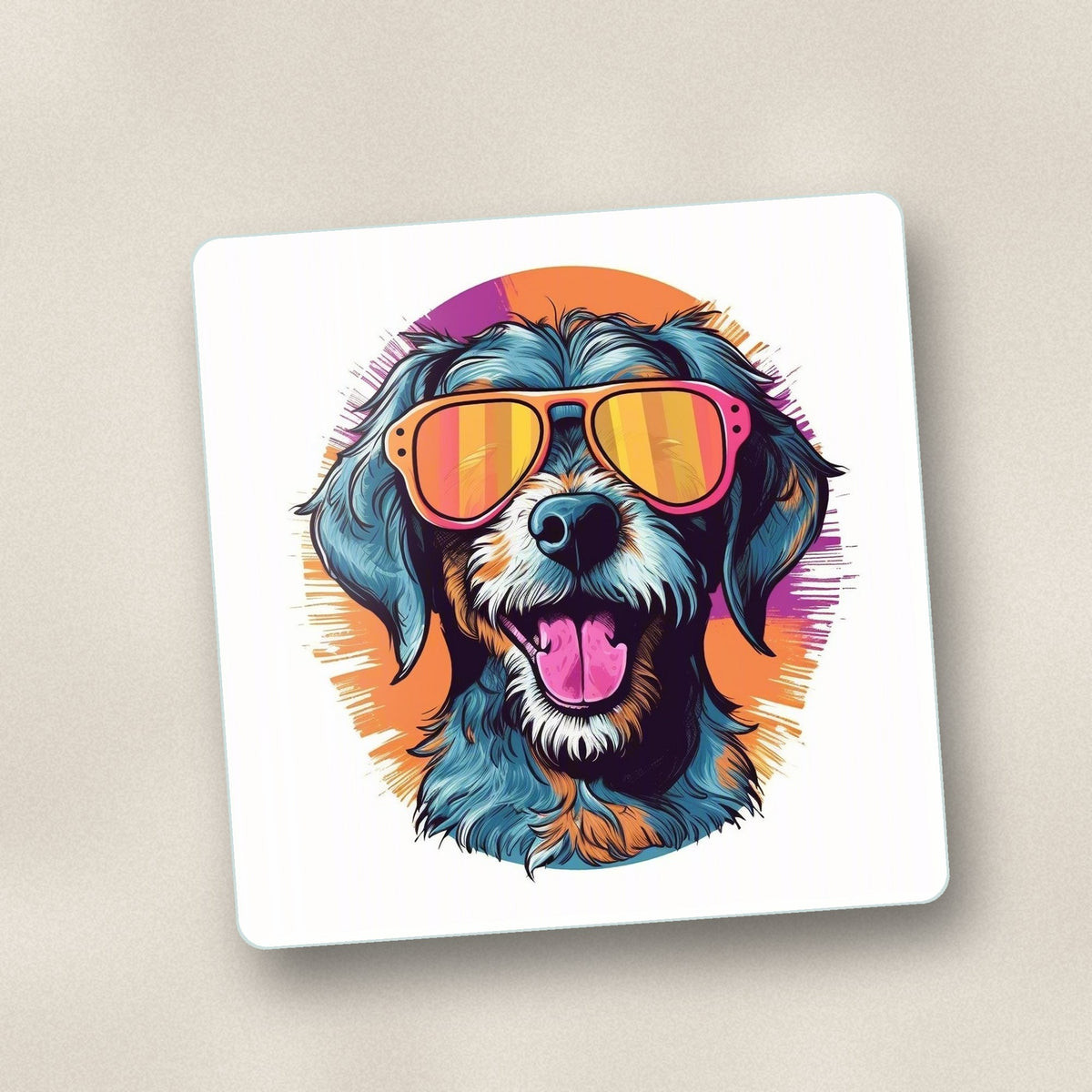 Close-up of one shaggy dog in retro sunglasses square glass coaster, flat UV print