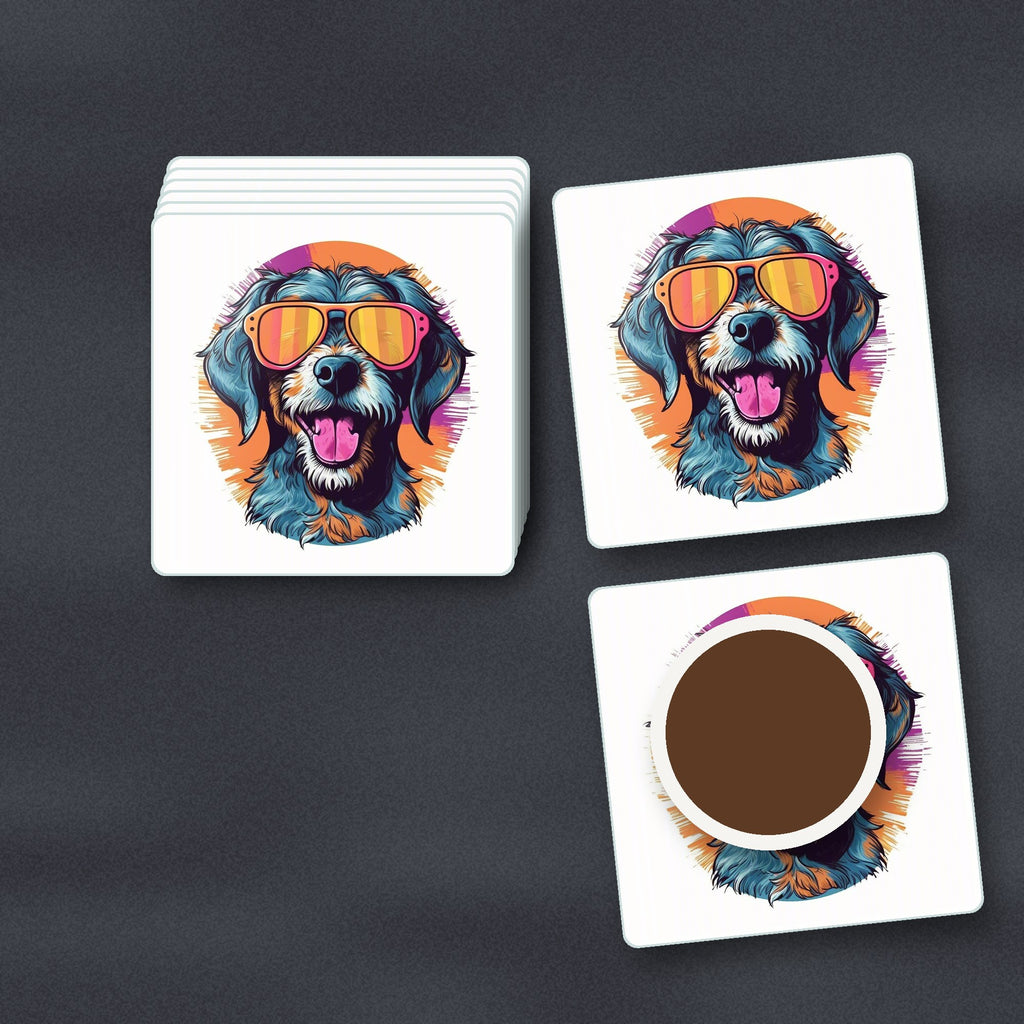 Shaggy Dog in Retro Sunglasses square glass coasters stacked on a slate kitchen worktop