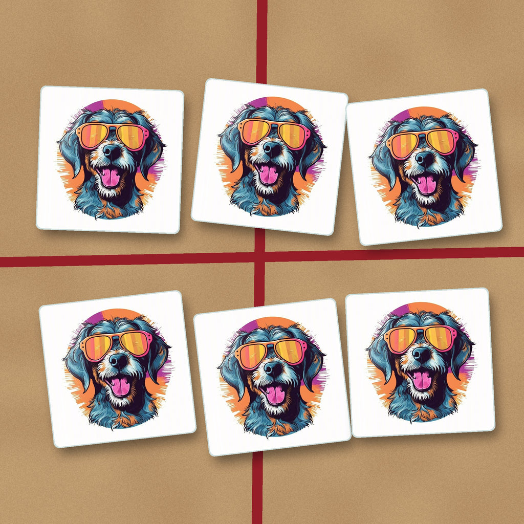 Shaggy Dog in Retro Sunglasses square glass coasters on kraft gift wrap