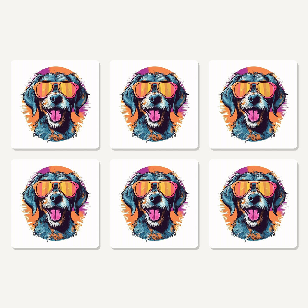 Flat lay of the shaggy dog in retro sunglasses artwork on six square coasters