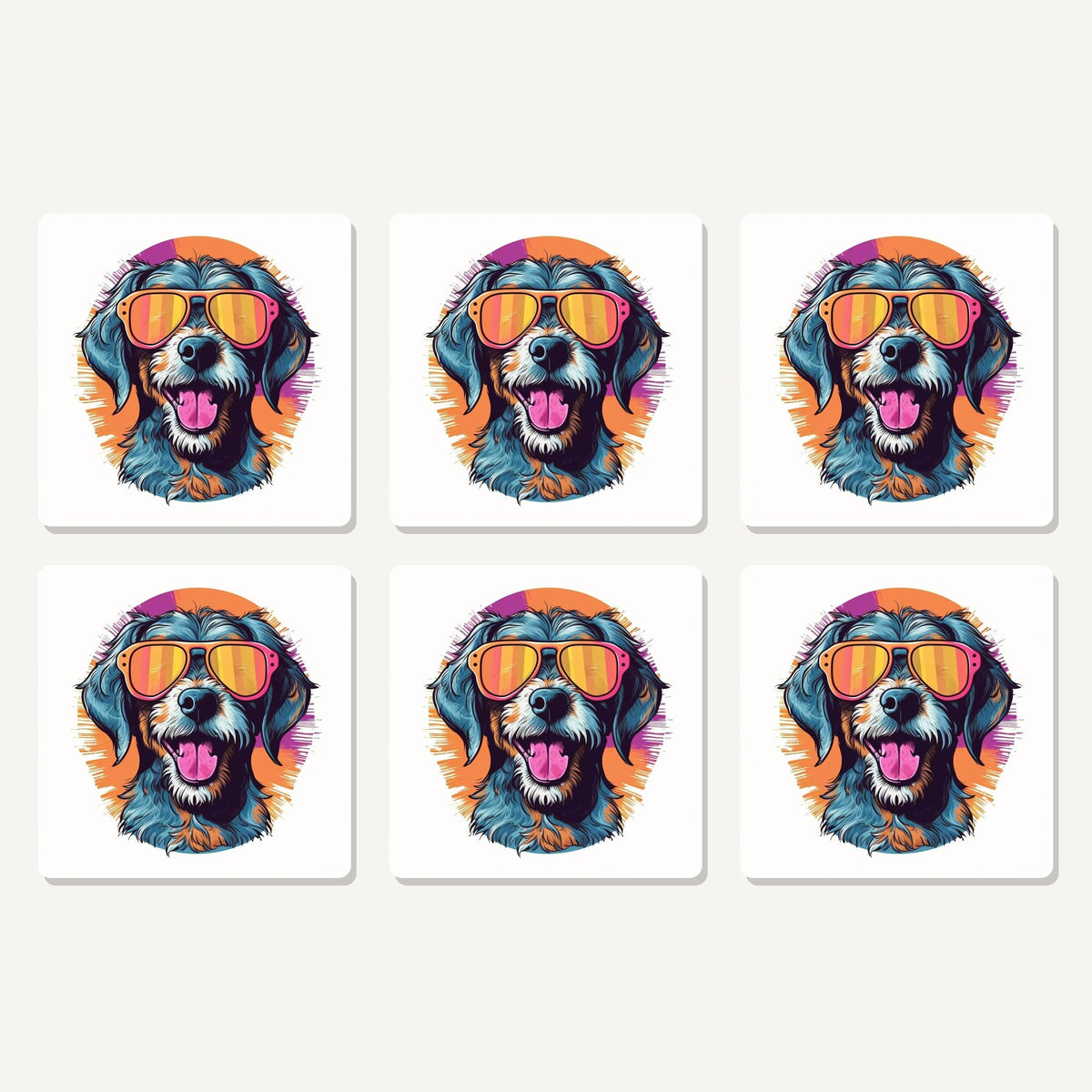 Flat lay of the shaggy dog in retro sunglasses artwork on six square coasters